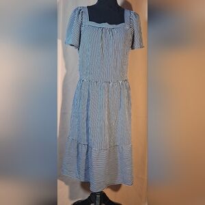 MONTEAU Navy and White Striped Midi Dress